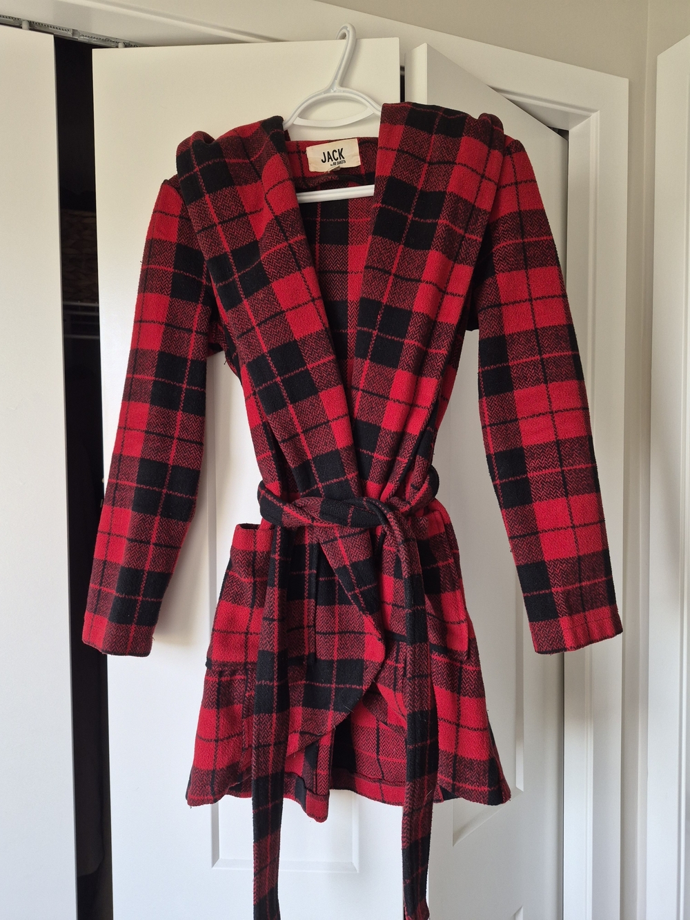 Jack by BB Dakota Red and Black Plaid Wrap Jacket with Hood XS